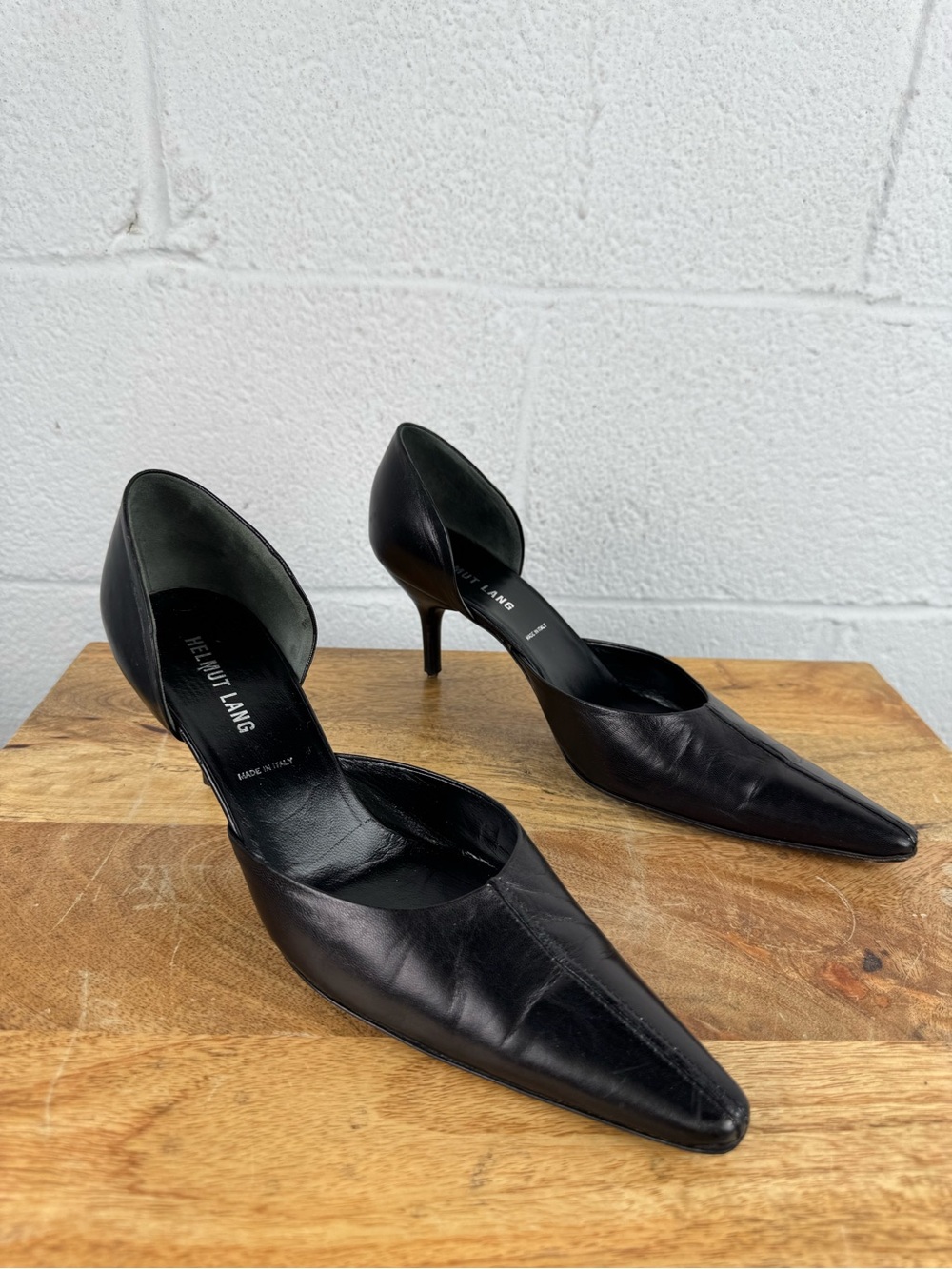 Helmut Lang Black Leather D’Orsay Pointed Toe Kitten Heels Italy 38.5